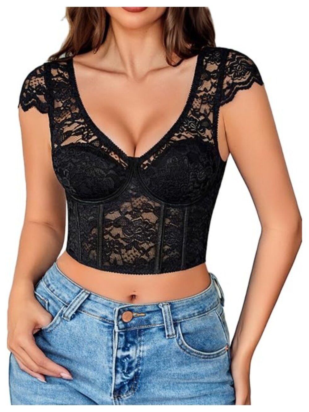 Women's Lace Corset Top Bustier Underwire V-Neck Cap Sleeve Going Out Club Top